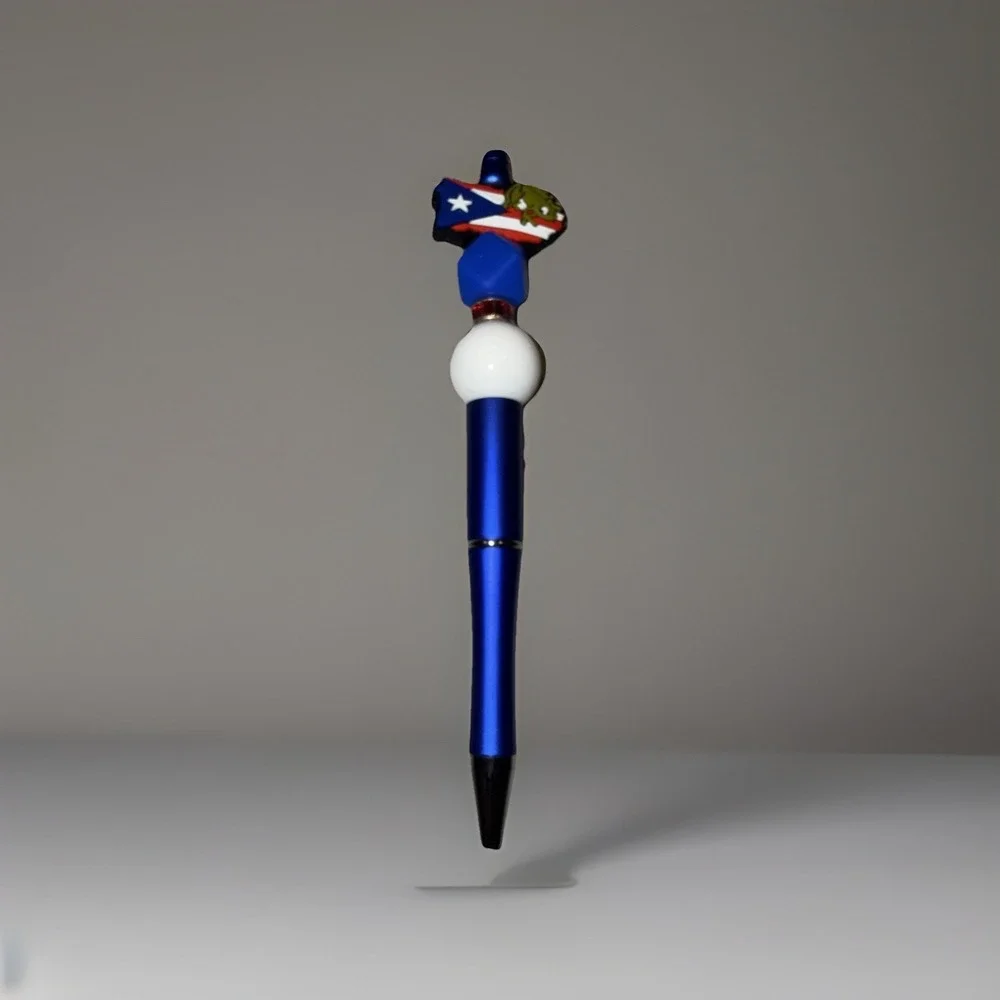 Puerto Rico Custom Handmade Beaded Pen PR Map Flag Coqui Blue Ink Retractable